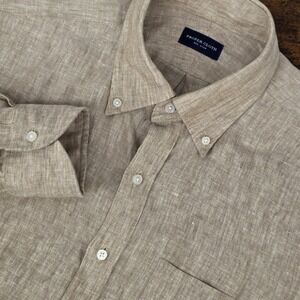 Proper Cloth Long Sleeve Button Down 100% Linen Beige Brown Men's L